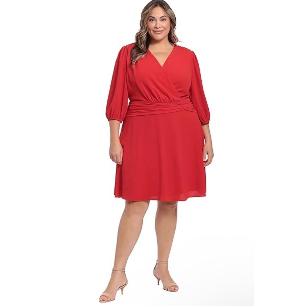 London Times Red Faux Wrap Midi Dress 14W V Neck 3/4 Sleeve Ruched Waist